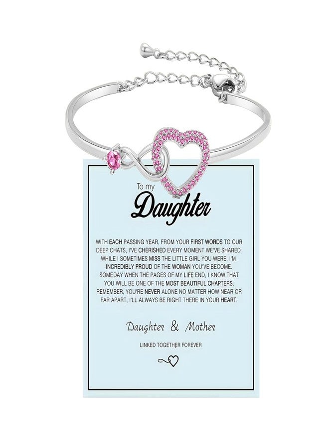DivaGlamz To My Daughter Forever Connected Bracelet, Infinity Forever Love Heart Bracelets You Are Always In Mine From Mom Cubic Zirconia Adjustable Inspirational Gift Jewelry (Infinite Love Silver-Pink) - Image 1